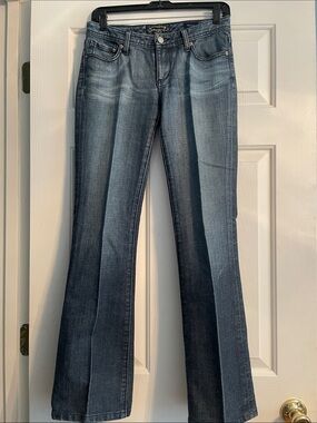 “Seven” Flare Leg Jeans in Dark Blue Fade
